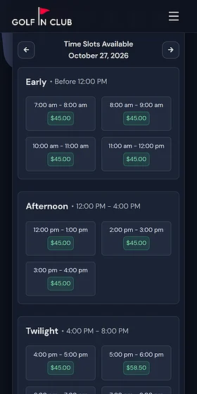 Golf In Club booking screen on a phone, listing open bay times from $45
