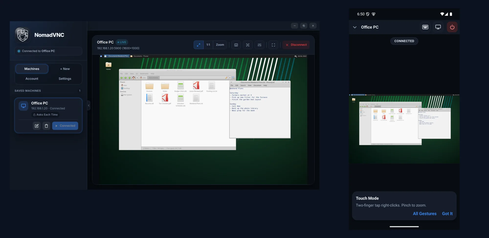 NomadVNC on a desktop, connected to a saved computer, with the phone app beside it showing the same screen